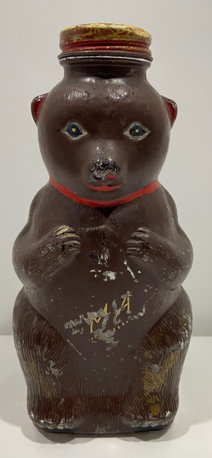 Snow Crest Beverages Bear Glass Bottle Bank Salem Mass. 7 1/2 Inches Painted