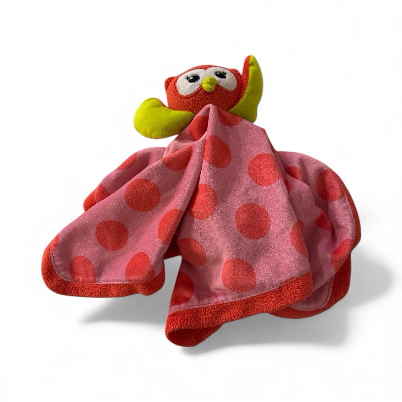Baby Starters Owl Pink Polka Dots & Satin Rattle Security Blanket/Lovey- Flaw-