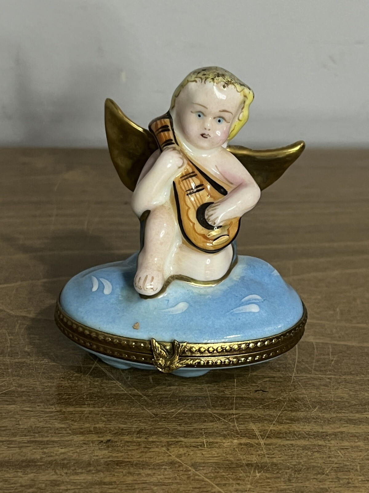 Vintage Limoges France Paint Main Cherub Playing The Mandolin Trinket Box