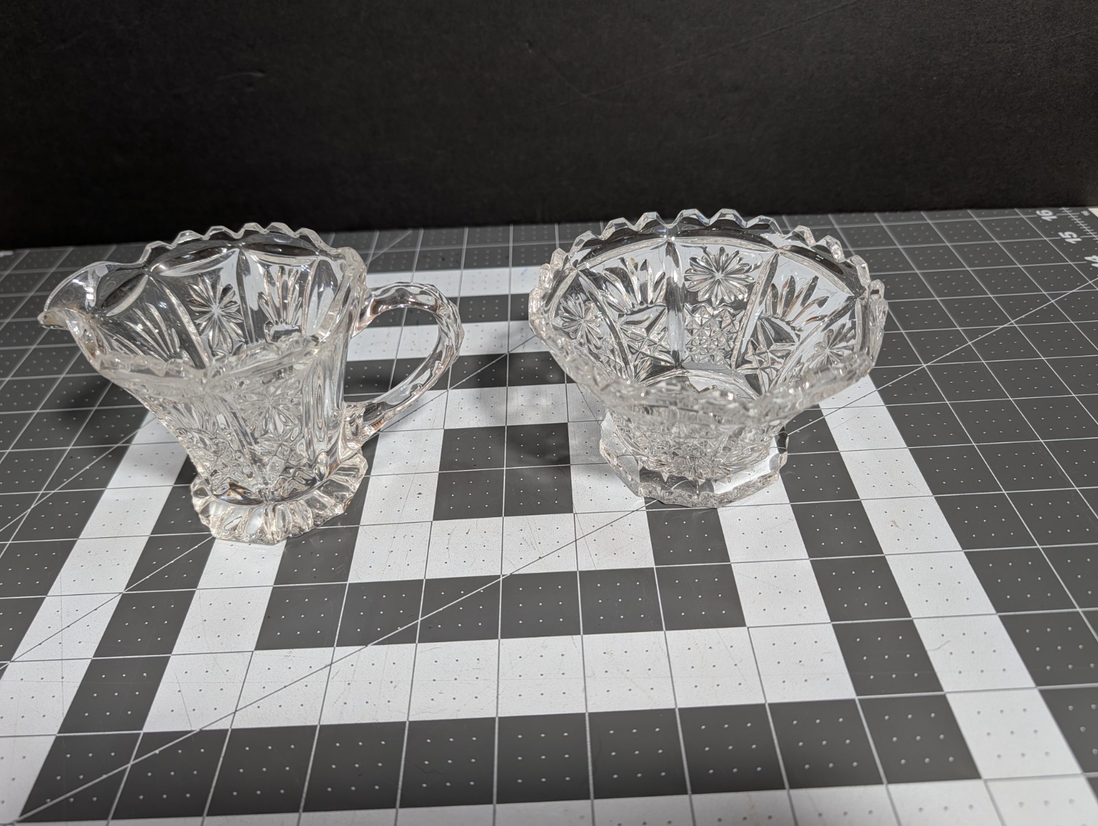 Vintage Creamer Pineapple Pattern And Crystal Candy Dish Saw Tooth Rim Clear Lot