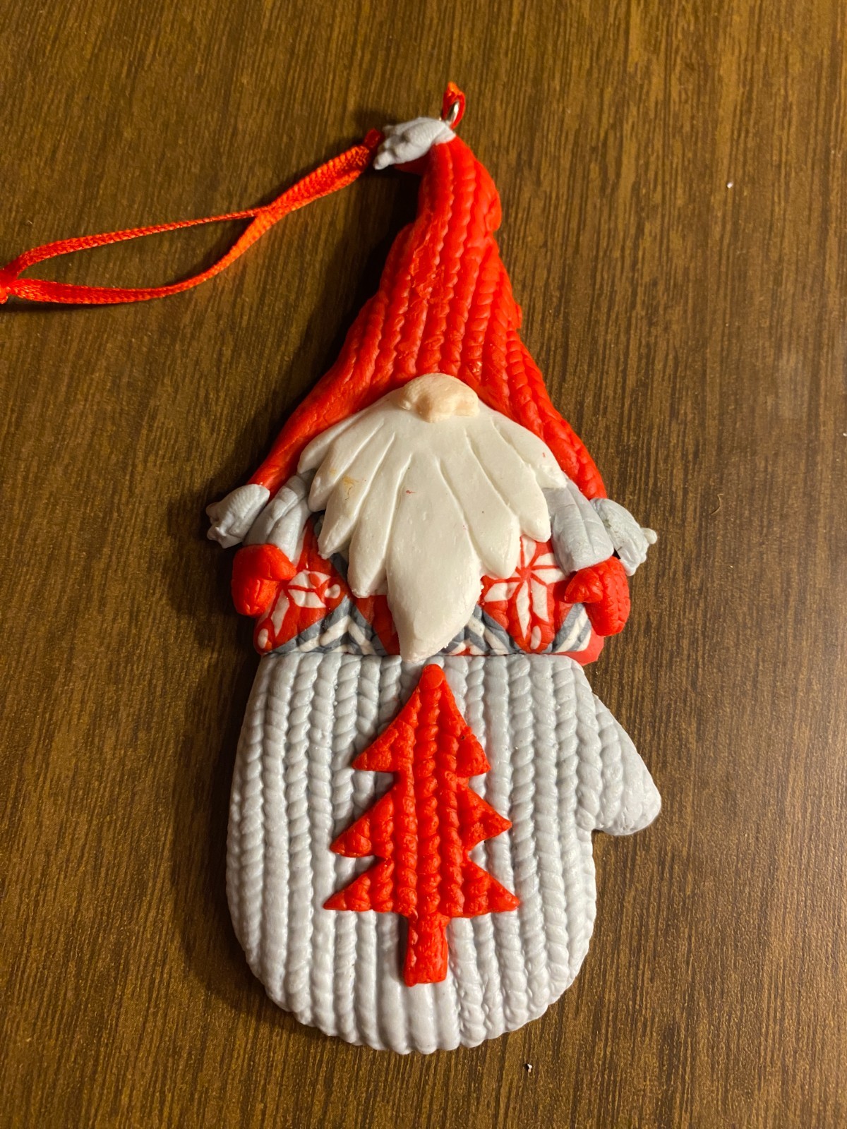 Clay Dough Gnome in Gray Mitten Christmas Ornaments 4 3/4"