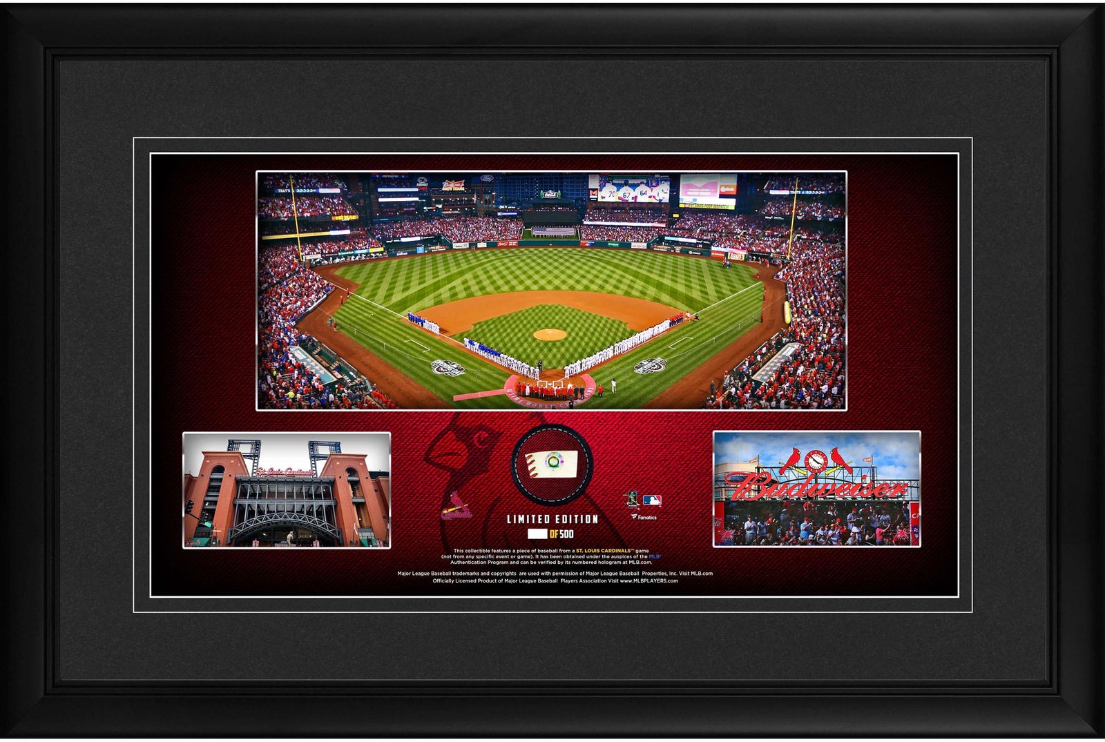 Cardinals Framed 10x18 Stadium Panoramic Collage & Piece of GU Baseball
