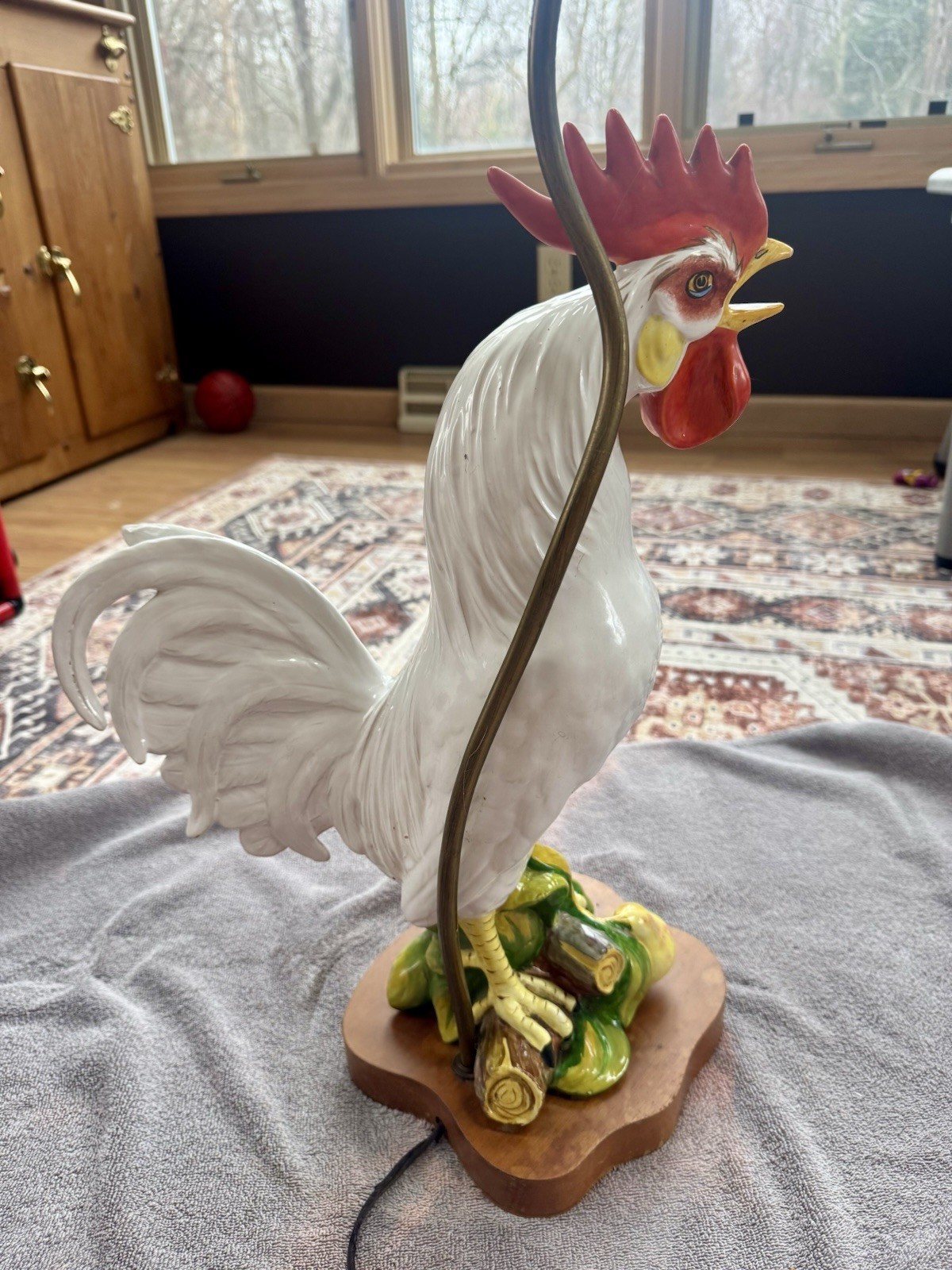 Vintage Ceramic Rooster Table Lamp with Wood Base, Glossy Finish, White Red