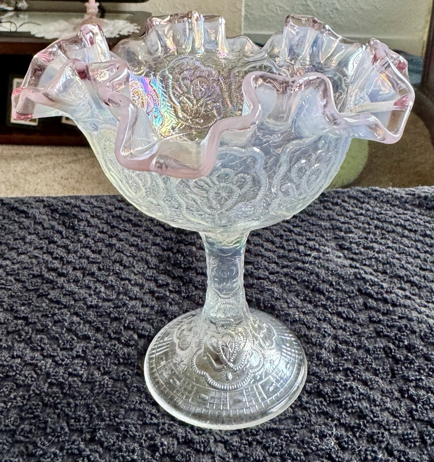 Fenton Persian Medallion Compote Clear With Lavender Crest