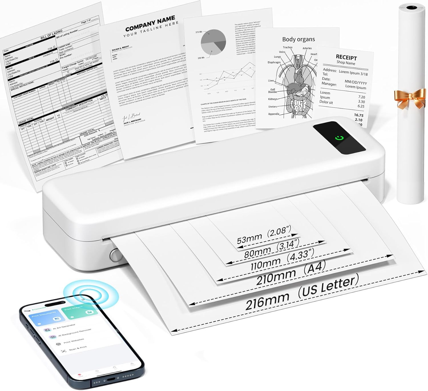 Portable Thermal Printer, A285M Bluetooth Portable Printers Wireless for Travel 