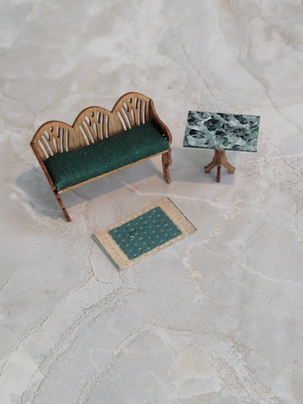 Quarter Ince 1:148 scale hallway group. Love Seat Table and area rug