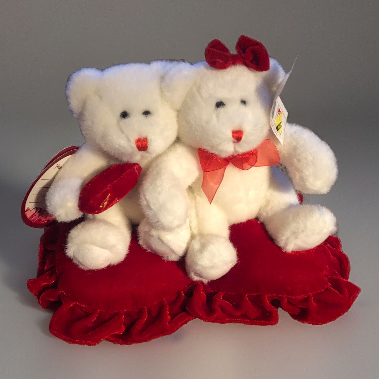 Pair Of Valentine Bears On Red Heart Pillow Cuddly Plush Stuffed Decor