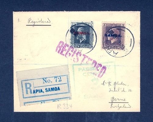 SAMOA 1918 REGISTERED CENSOR TO SWITZERLAND