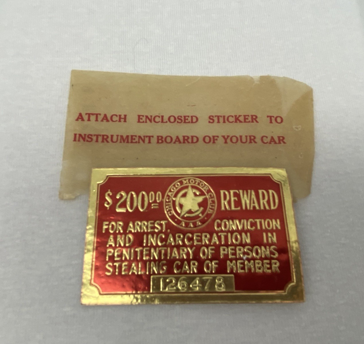 Chicago Motorclub $200 Reward For Arrest A. A. A. Member Small Decal Card