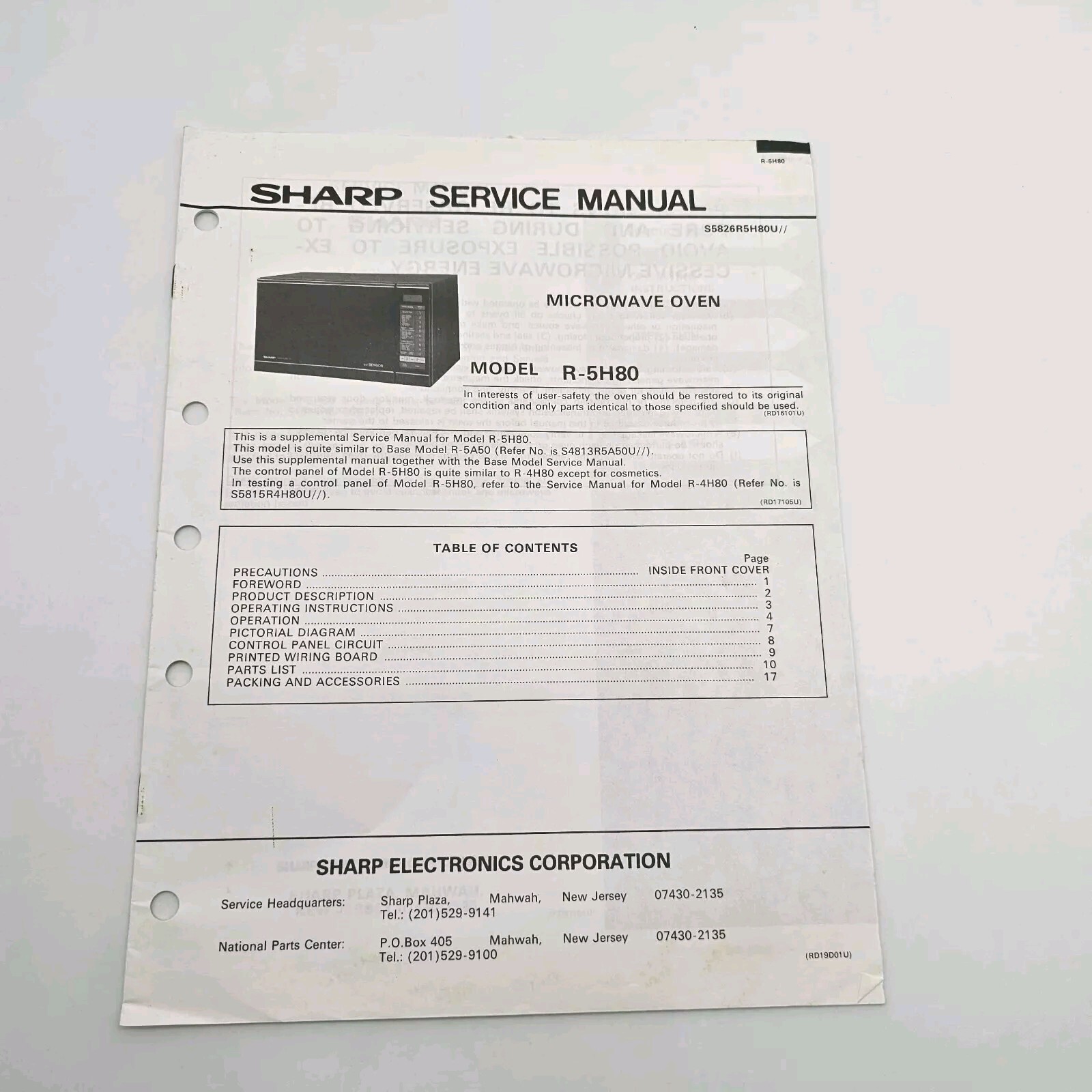 OEM Sharp Service Manual for Microwave Oven Model R-5H80 VTG Electronics Manual