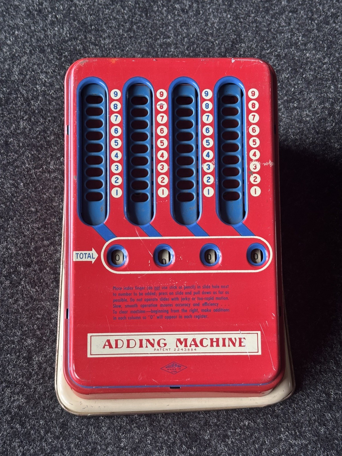 Vintage 1940s/50s Tin Wolverine Red&Blue Metal Math Toy Adding Machine (Works!)
