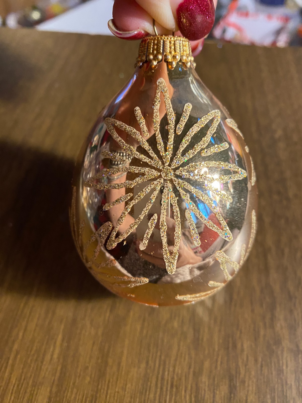 Krebs Gold Teardrop w Gold Glitter Blown Glass Christmas Ornament 3"