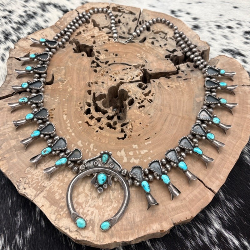 1930s-1940s NAVAJO Sterling & Turquoise Squash Blossom Necklace Shadowbox Loops