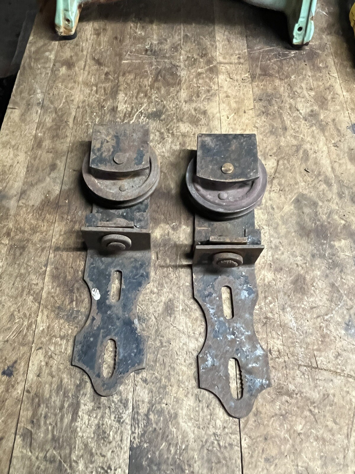 Antique Old Primitive Cast Iron Barn Door Rollers Pulleys Hangers Pair Set USA