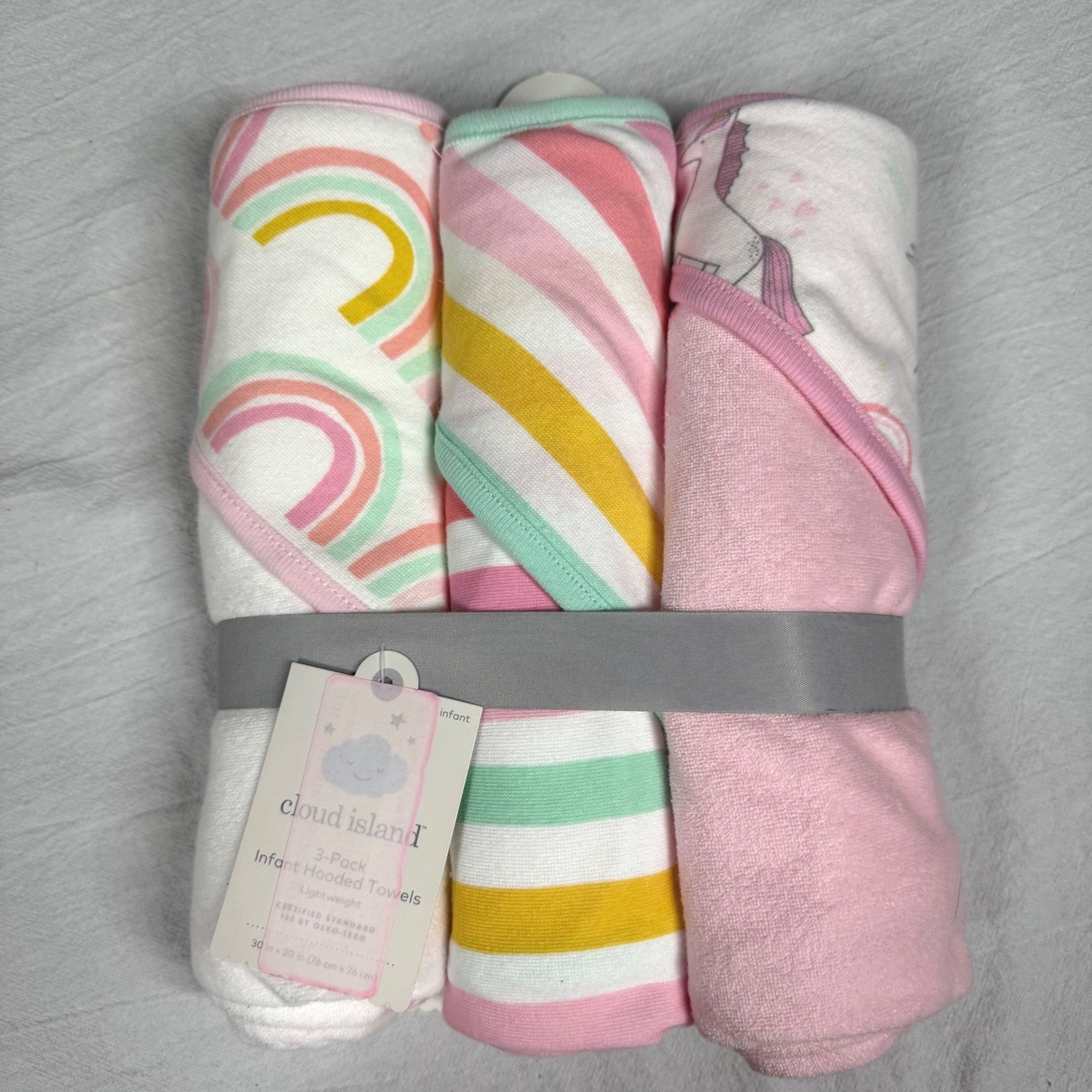 Cloud Island Infant Hooded Towels Pink Baby Girl Unicorns Rainbows 3 Pack 30x30