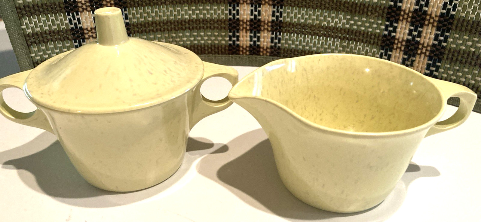 MCM Imperial Ware Melmac Creamer Sugar w Cover Melamine 50 - 60s Yellow  Specks