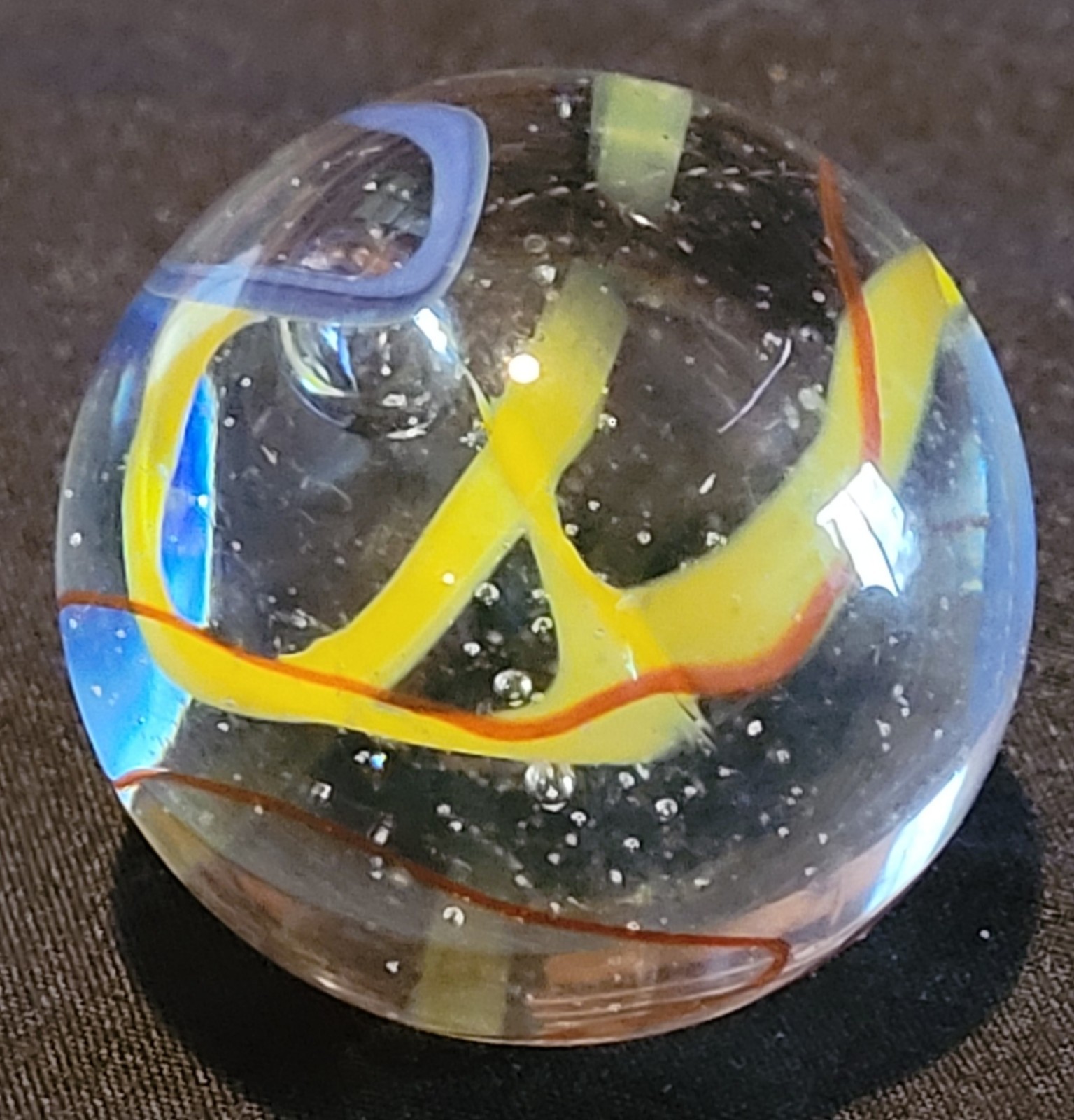 Clear Swirls Large Glass Marble Bubbles Yellow Blue Orange 