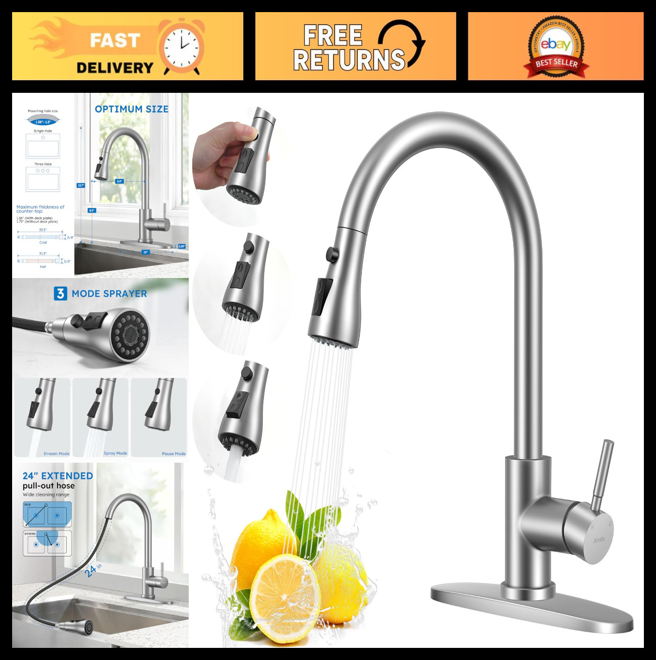 Pull Down Sprayer Kitchen Faucet, Brushed Nickel Stainless Steel, Single Handle,