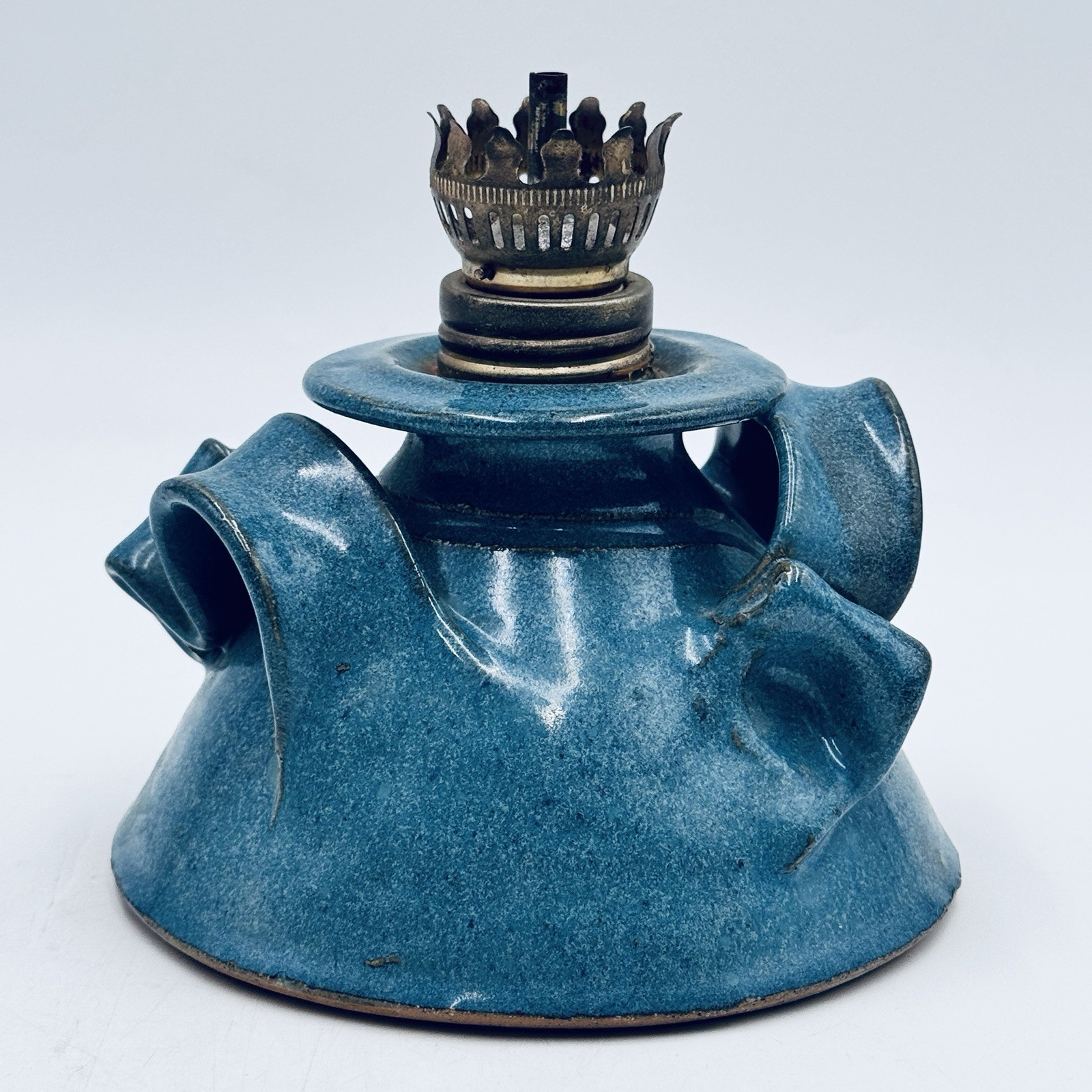 Ellis Island Pottery Oil Lamp w Handle Blue Glaze Artist Signed JM Block 1993