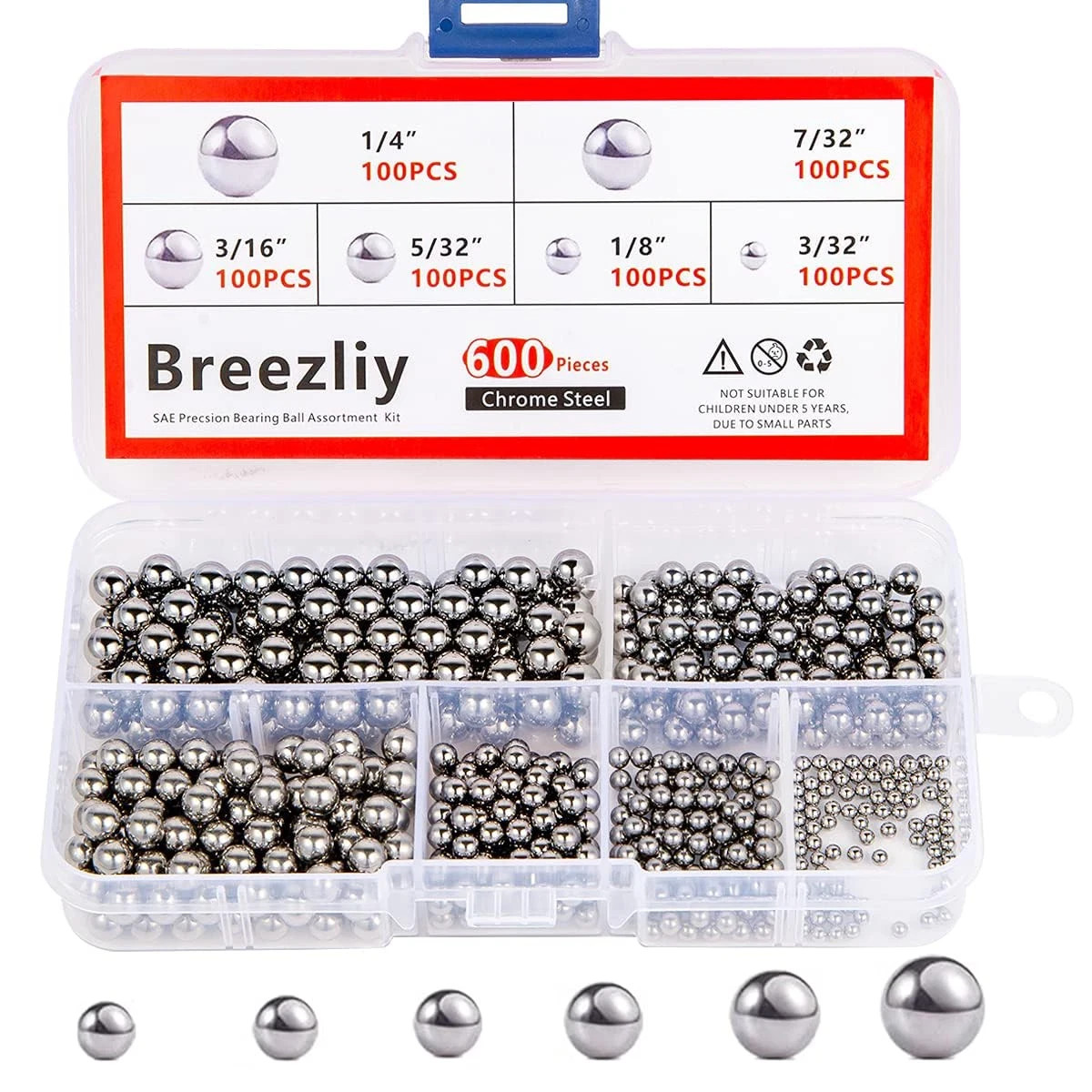 600pcs Bicycle Bearing Balls 6 Sizes 1/4" to 3/32" Loose Steel Ball Bearings Set