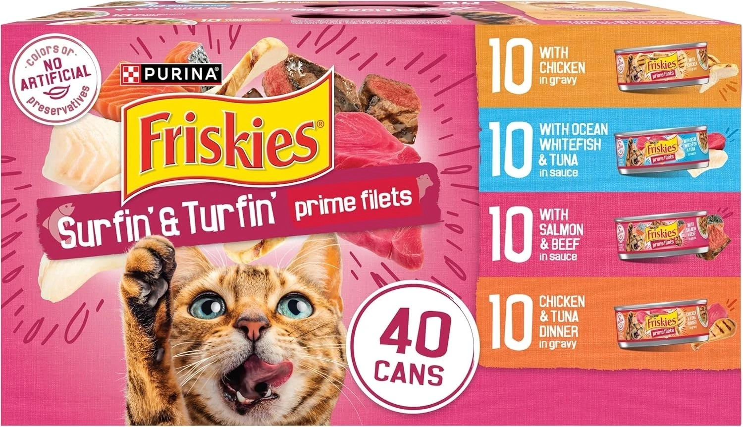 Purina Friskies Gravy Wet Cat Food Variety Pack, Surfin’ Turfin’ Pack of 40) 5.5