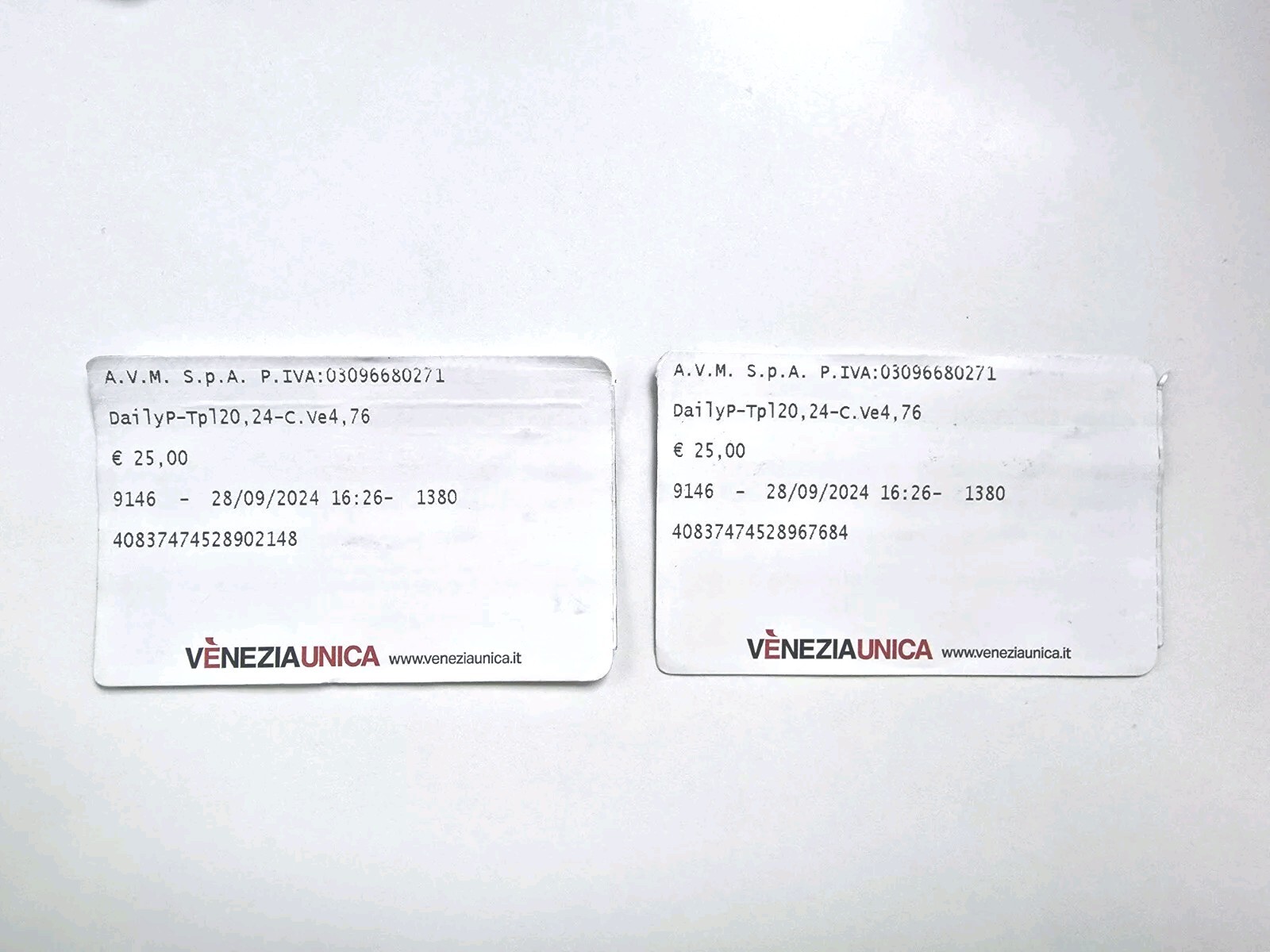 Two Valid Unused Daily Vaporetto Water Bus Tickets Venice Italy