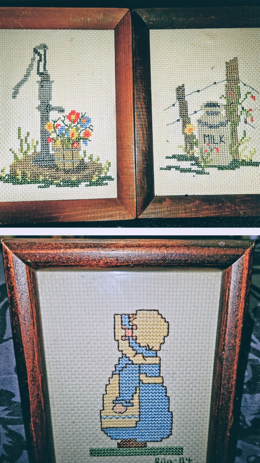 Set of 3 Framed Needlepoint~Water Pump~Milk Jug~ Lil Country Miss~Handmade