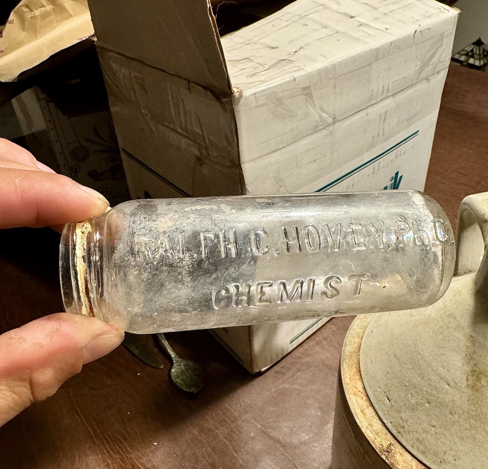 Ralph G Hovey PHG Chemist Antique Emb Medicine Bottle Threaded Top 1910s Era Dug