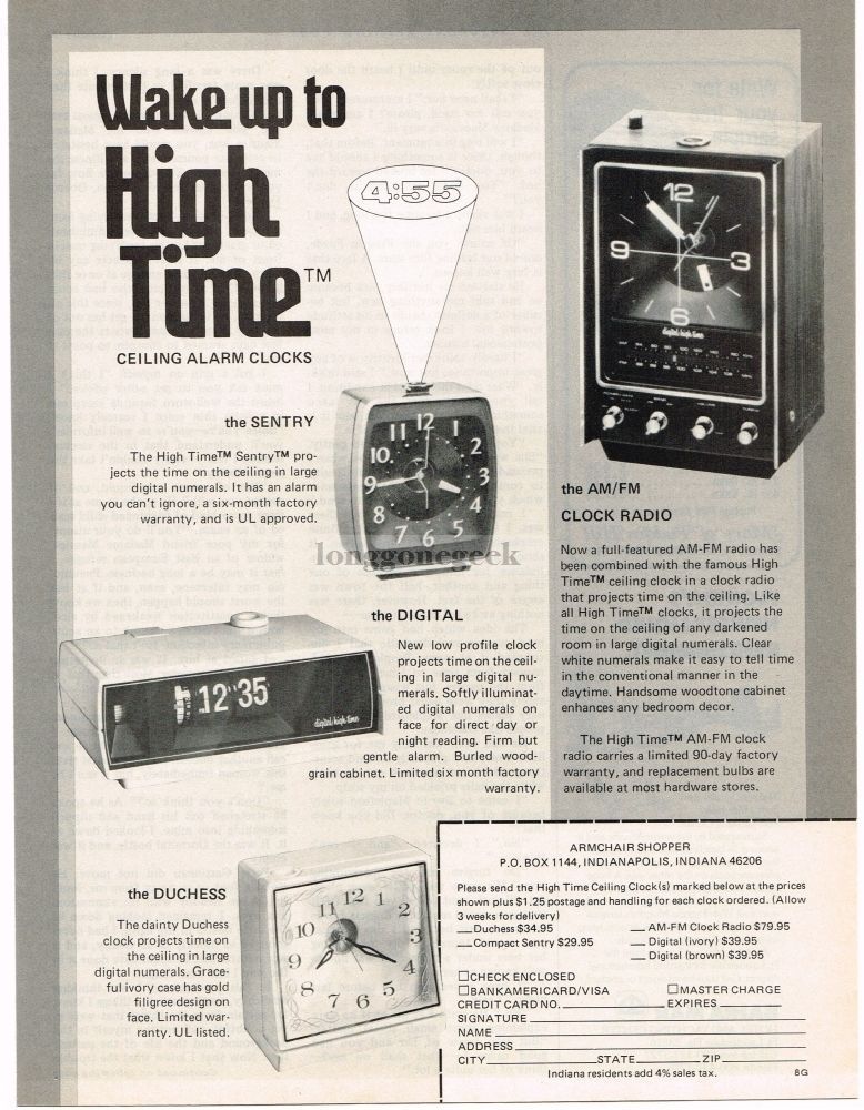 1978 HIGH TIME Ceiling Alarm Clocks Sentry, Digital, Duchess VINTAGE PRINT AD