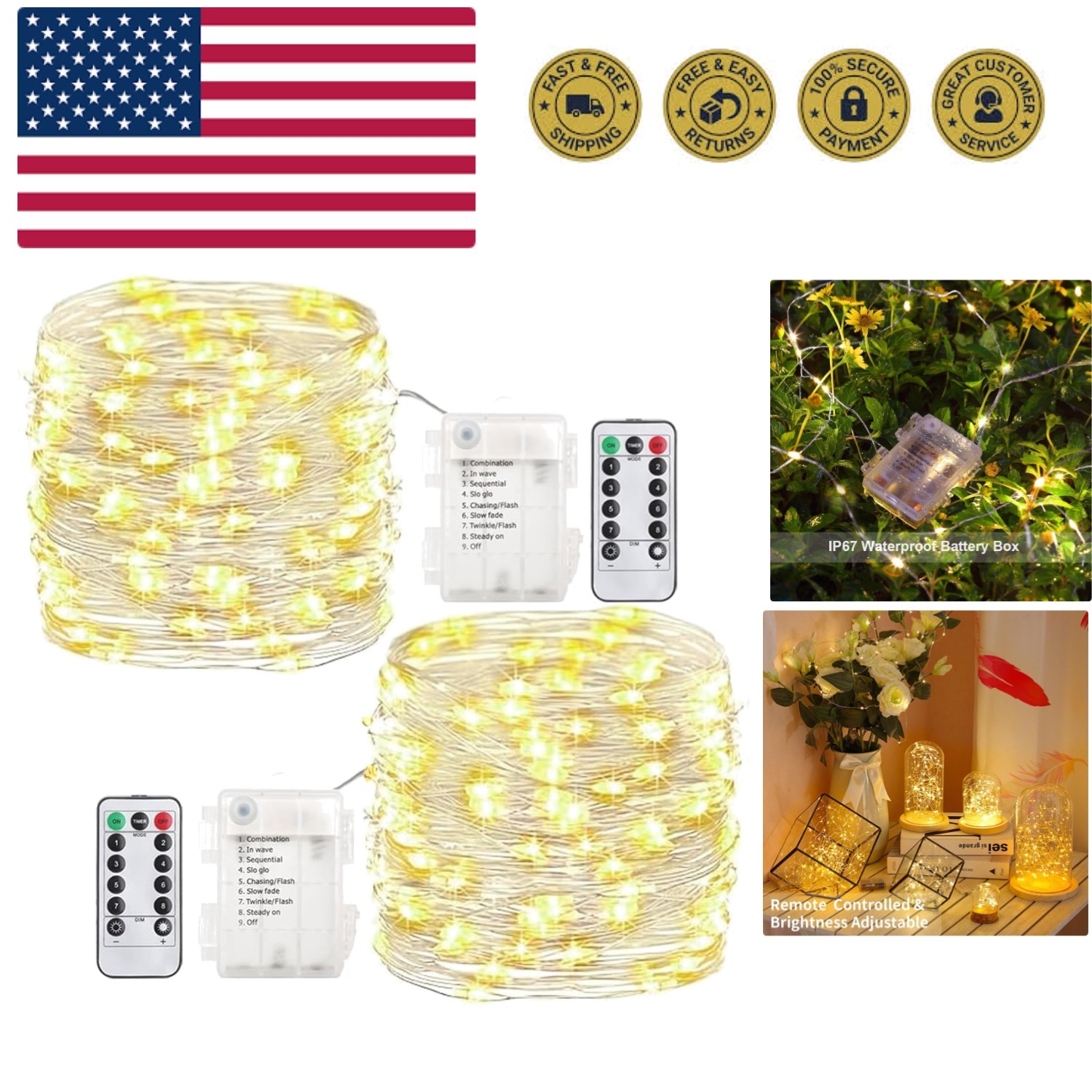 2 Pack Fairy Lights 20 Ft 60 Led Battery Operated Twinkle Lights with Remote ...