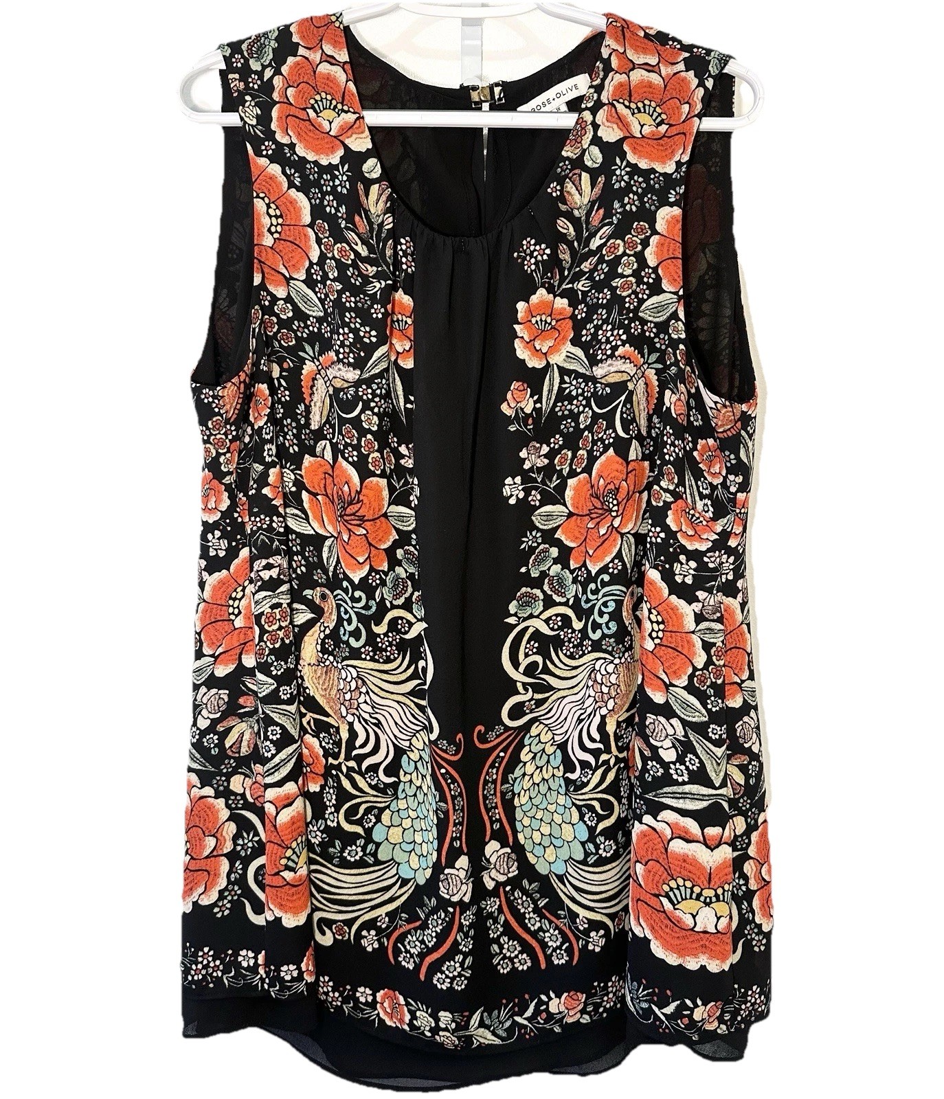 Rose + Olive 1X Peacock Floral Sleeveless Tunic Blouse Boho Black