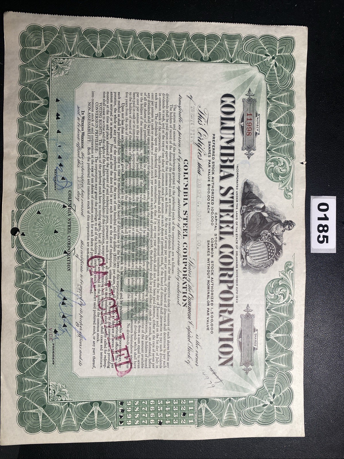COLUMBIA STEEL CORPORATION Stock Certificate 1928 0185
