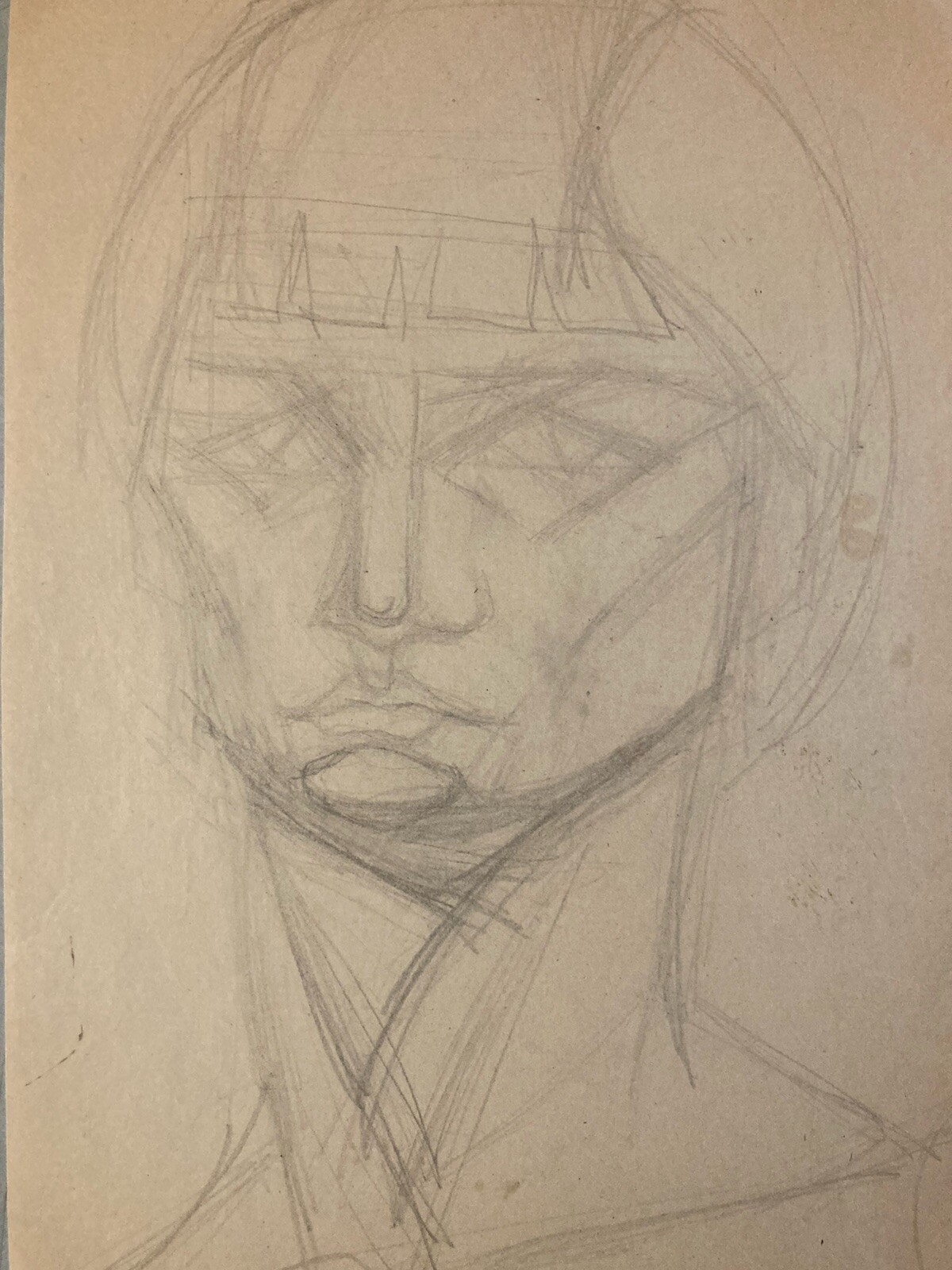 Vintage 1950 Cubist Old Mine Lead Woman Art Cubism Head Bust Pencil