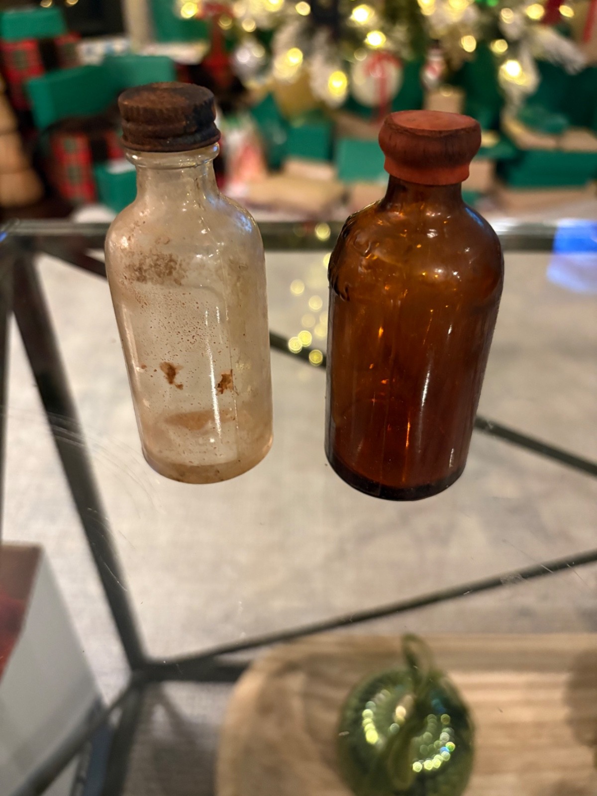 Pair Vintage  4 oz Amber / Brown& Clear Glass Bottles 4 in