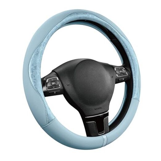  Steering Wheel Cover Patterned Leather Patchwork Design, Universal Light Blue