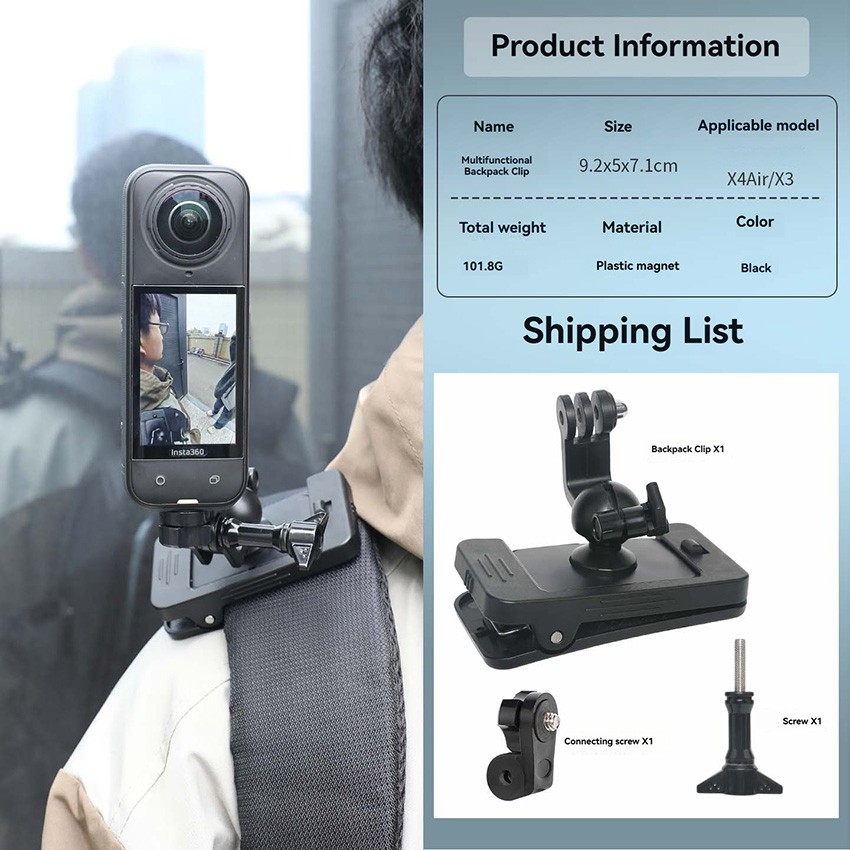 For Insta360 X5 360°Rotating Magnetic Quick-Release Backpack Clip Hat Clip