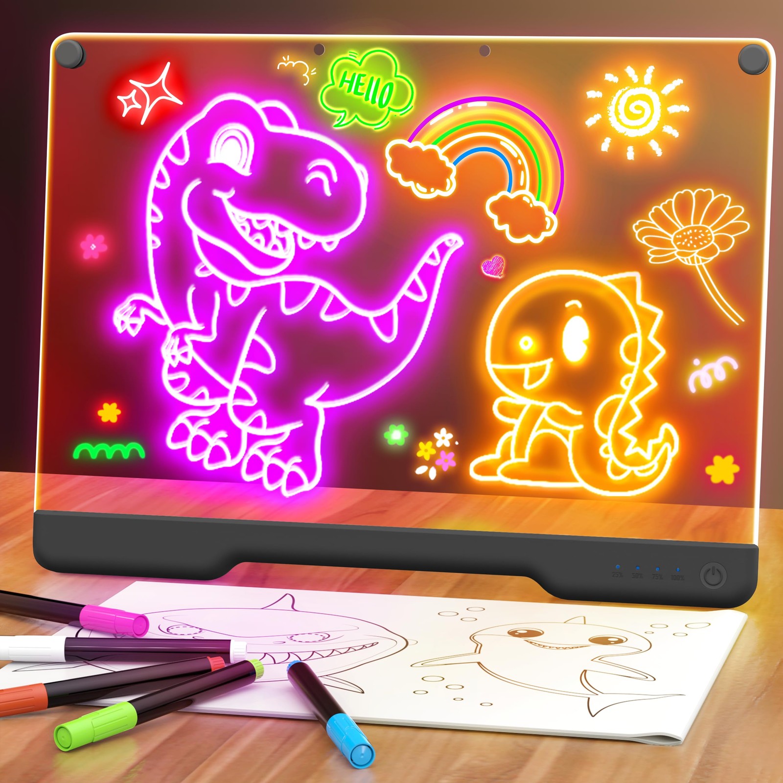 16-Inch Rechargeable Doodle Glow LED Note Board, 7-Color Light Modes, Neon Ar...