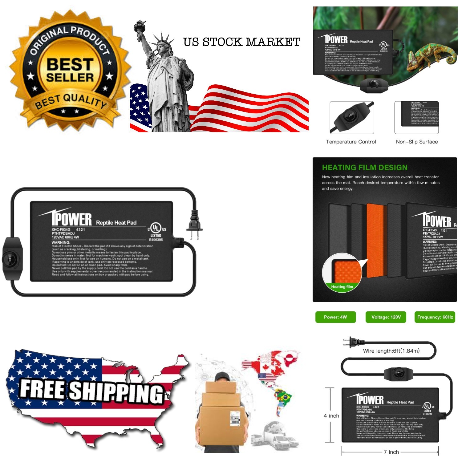 4 by 7 Inch Reptile Heating Pad with Temperature Adjustable Controller Knob, ...