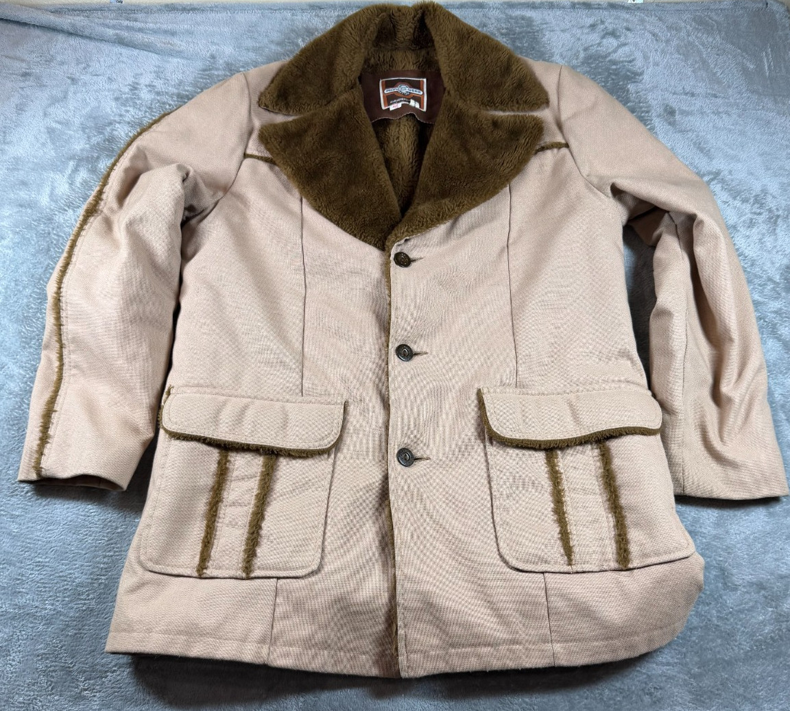 Vtg Pioneer Wear 42L Sherpa Lined Western Coat Jacket Beige Brown USA Made