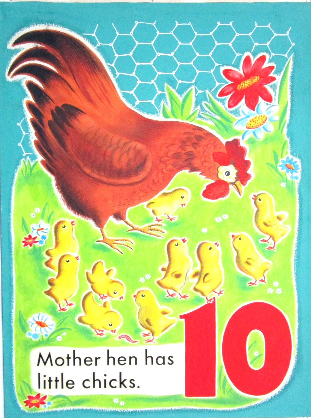 1950s CHICKEN CHILDREN'S BOOK PAINTING COUNT ANIMALS ORIGINAL drawing art farm