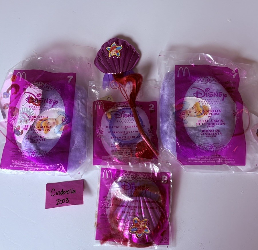 Vtg McDonald’s Disney Princess Toys Sealed Cinderella, Belle, Ariel 2003