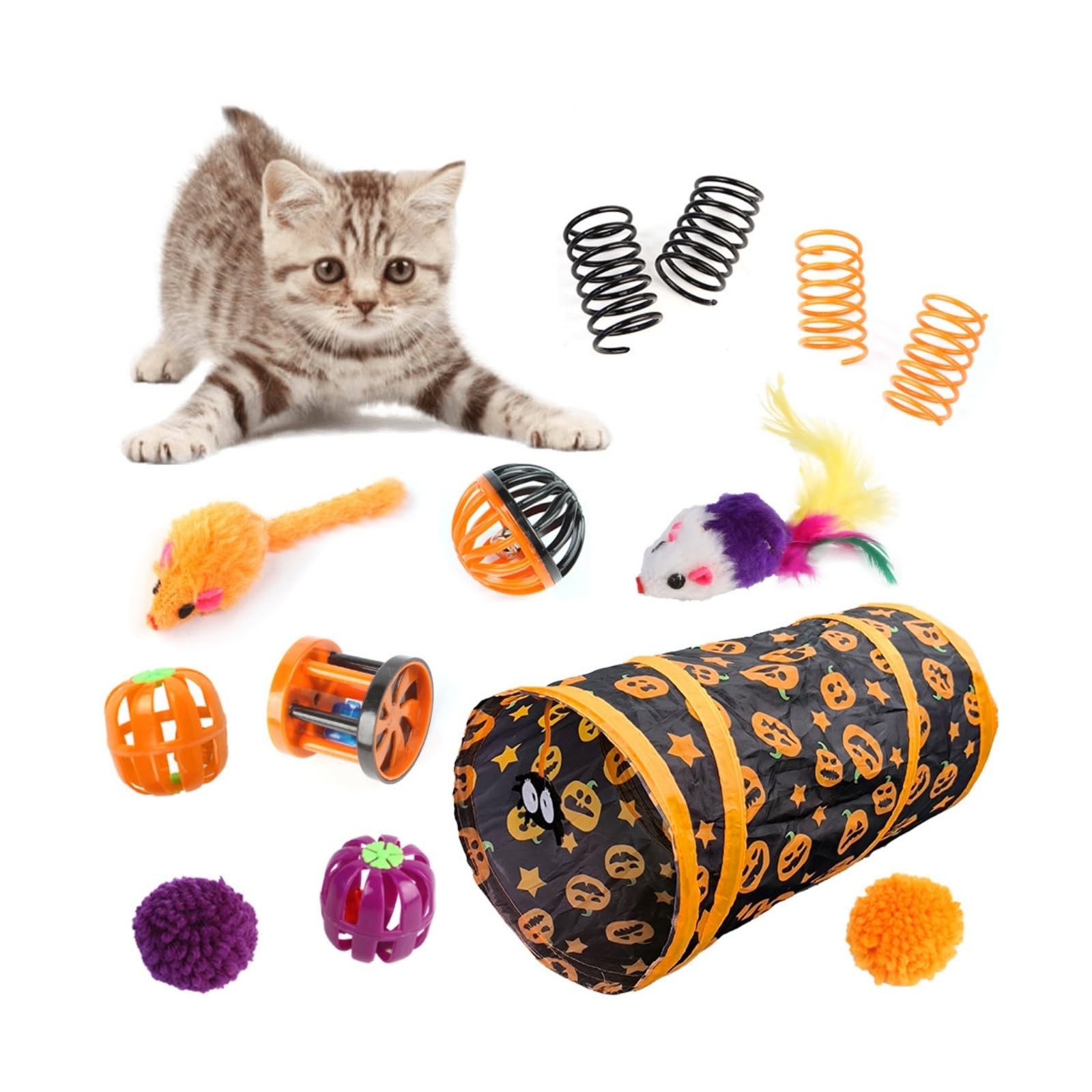 Cats Tunnels Cat Toy Set, Kitten Set 13 Black And Orange Halloween Theme 