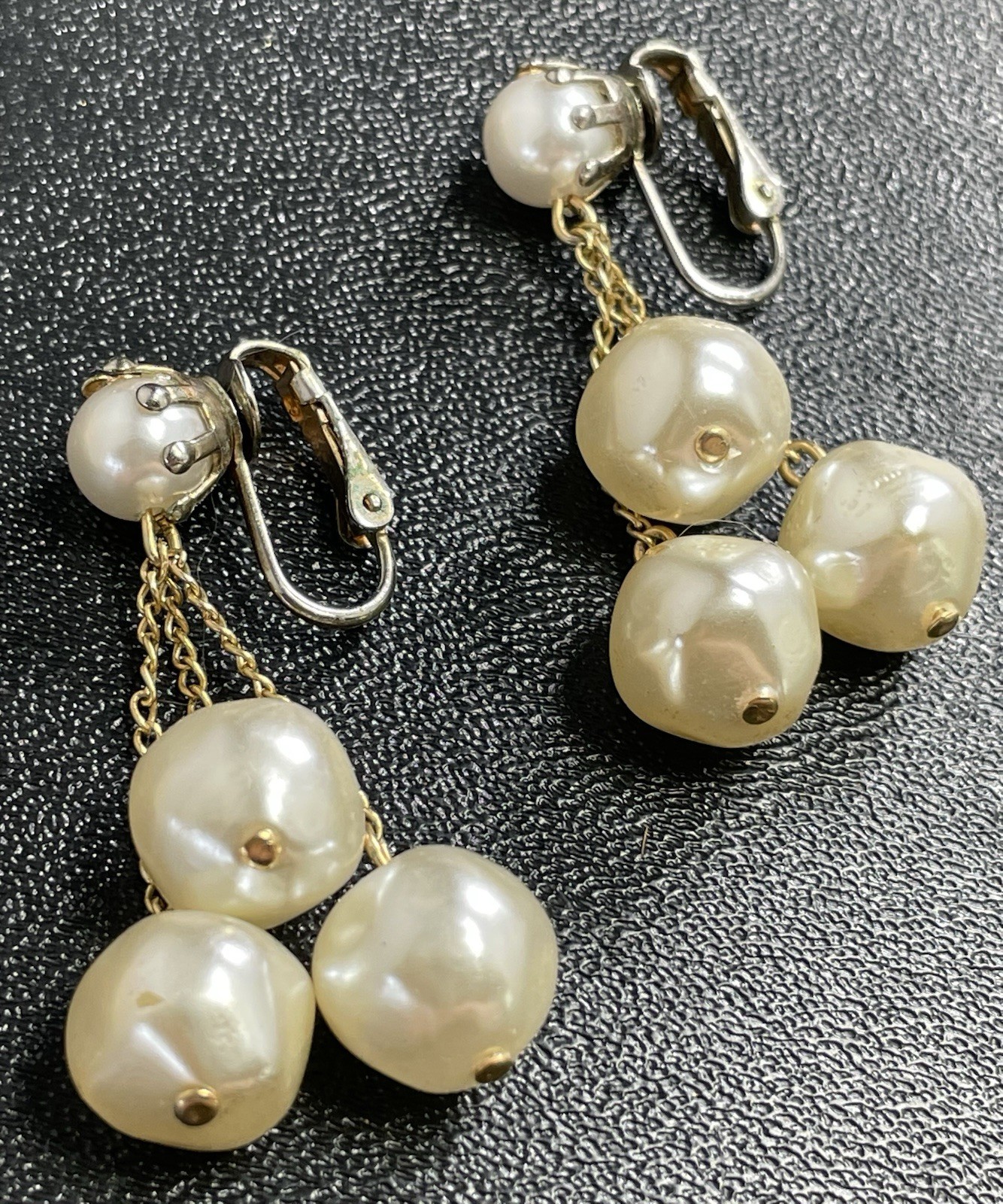 Vintage 2” Faux Pearl Chain Dangle Clip Earrings