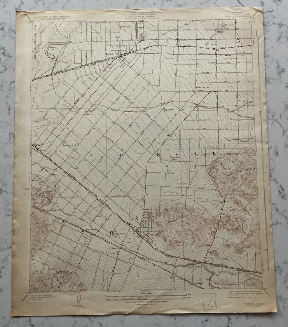 ANTIQUE PUENTE CALIFORNIA GEOLOGICAL SURVEY TOPOGRAPHICAL MAP 1927 USGS