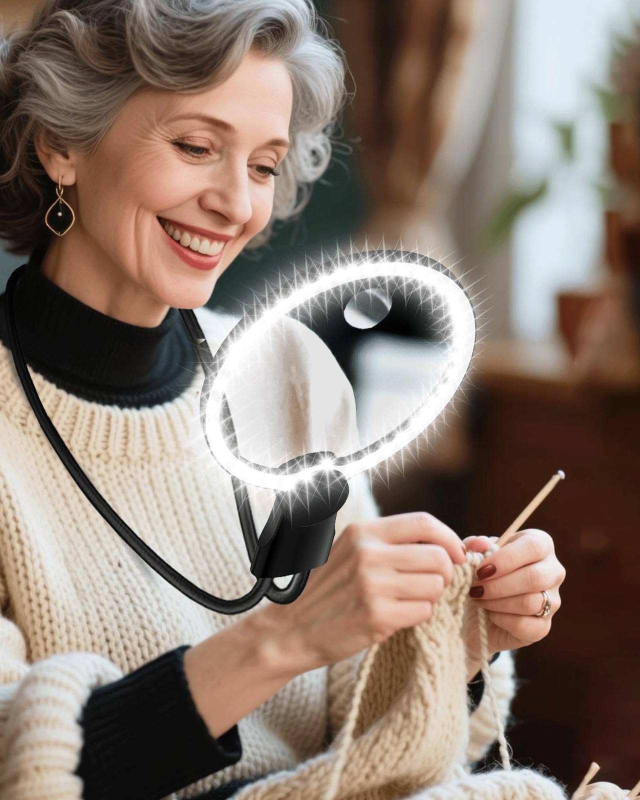 Hands Free Magnifying Glass with Light, 5X Medium, Black Neck-worn Magnifier 