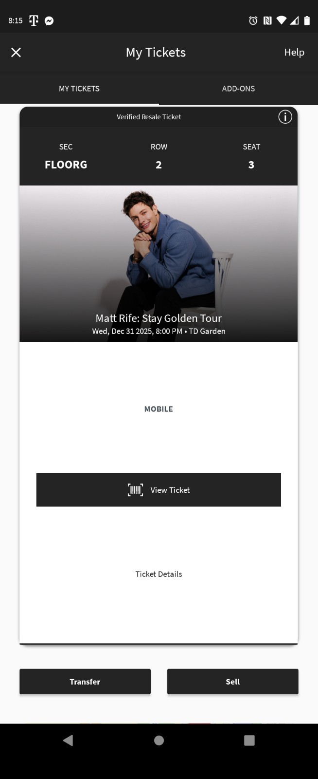 MATT RIFE NEW YEARS EVE 12/31 STAY GOLDEN TICKET (1) 2ND ROW GROUND FLOOR TONITE