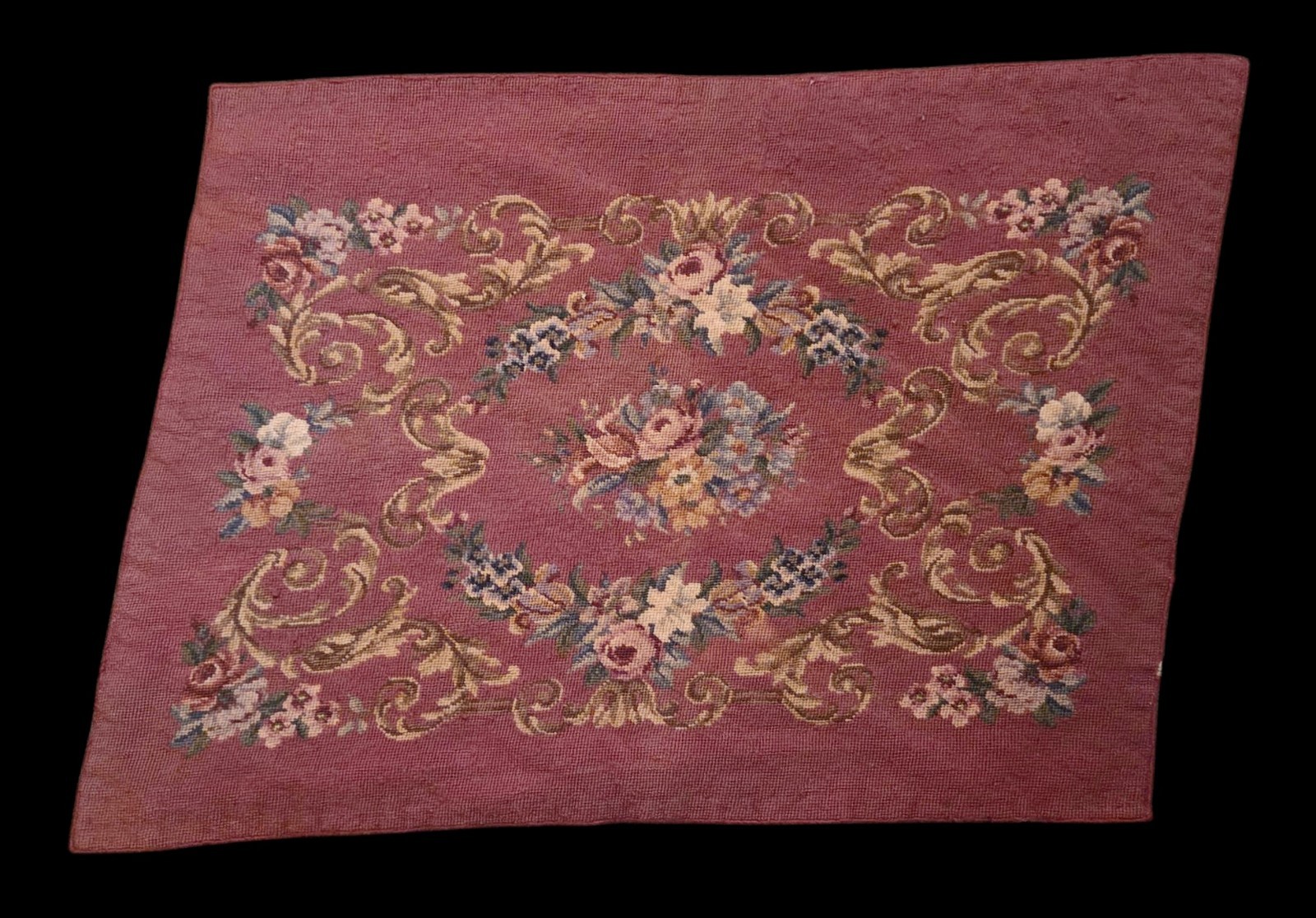 Antique Wool Needlepoint Aubusson Floral Rug 4x6 Handmade Tapestry Rhombus Shape