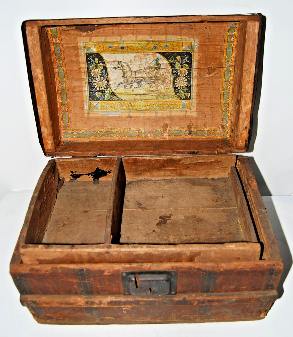 Antique Hump Back  Dome Top Victorian SARATOGA Doll Trunk-1800s Lithograph Print