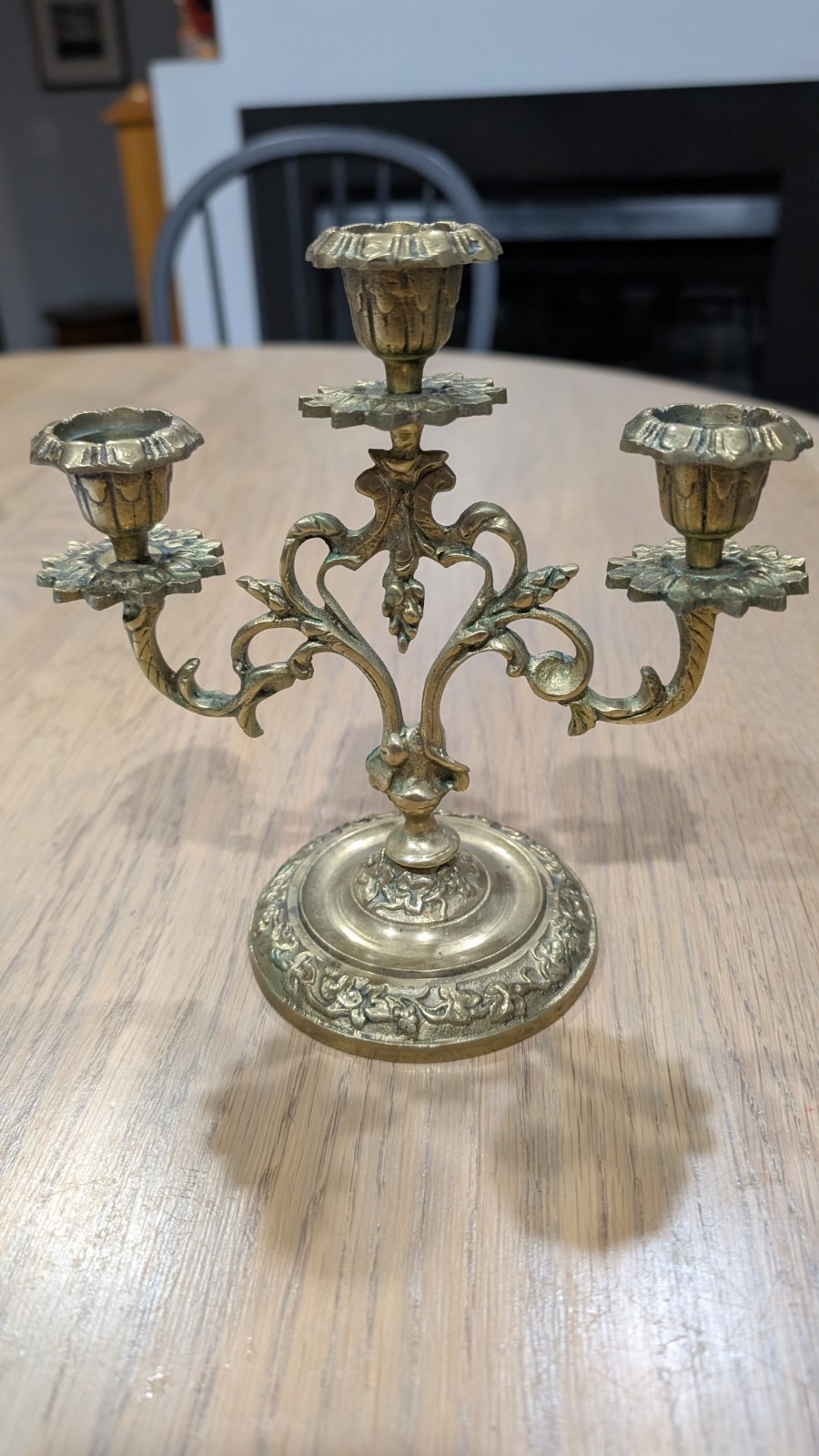 Brass, Triple Arm Candelabra Hollywood Regency Florentine Candlestick Grape Vine