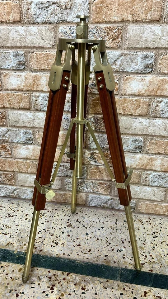 Antique Tripod Nautical Floor Theater Stage Industrial Spot Light Wooden Tripod